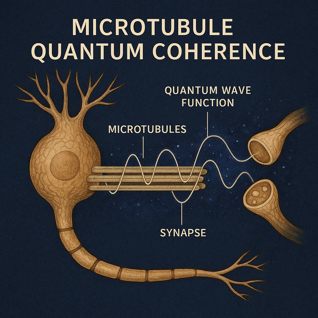 Scientific diagram by Professor Manahel Thabet illustrating neuron microtubules with quantum wave functions, representing the hypothesis of quantum coherence in neuroquantology.